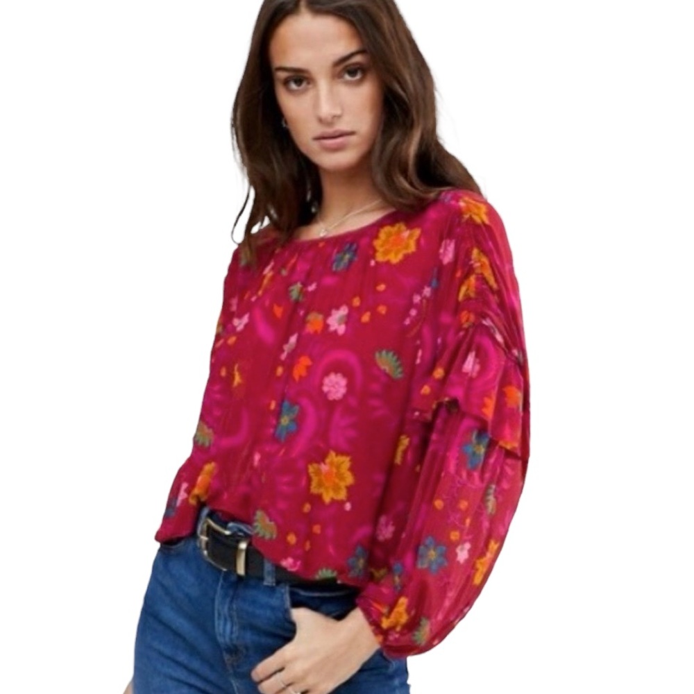 Free People Stretch Mesh Floral Ruffle Blouse Size L